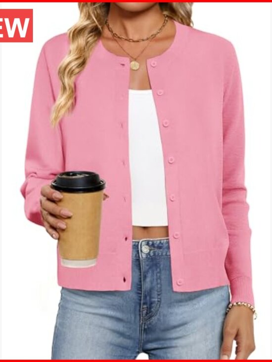 Lightweight Cardigan Sweater with Button Down Closure, Crew Neck - Picture 2 of 7